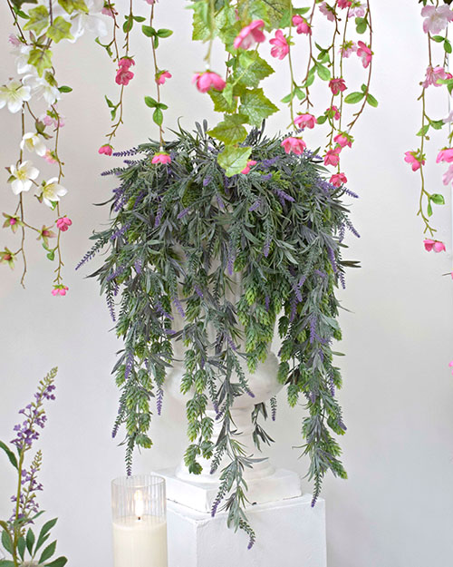 trailing artificial lavender and hops in white urn on pedestal