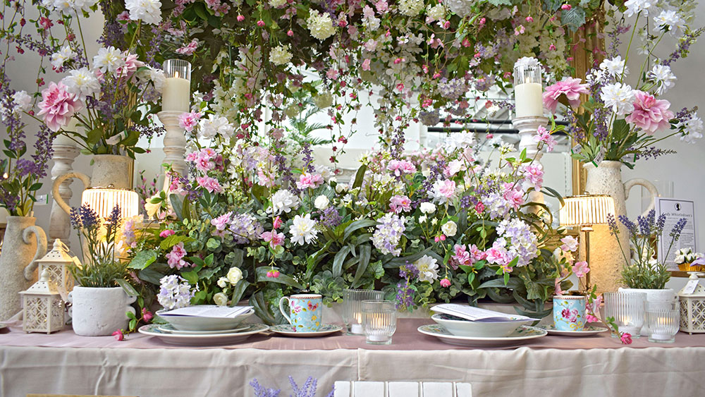 bridgerton style faux pastel floral display on table with candles, tea cup and saucers, table lamps, crockery, lanterns and gold mirror